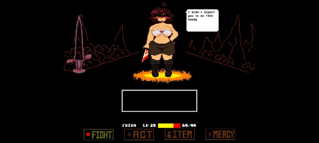 LoveManiac battle encounter featuring Chara in alternate costume skin