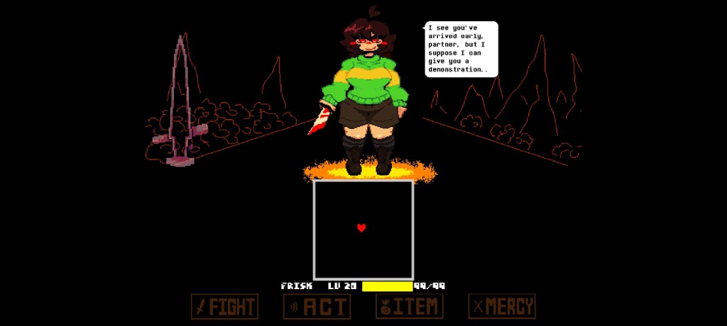LoveManiac retro combat arena against Chara with bullet-hell dodging box and command menu